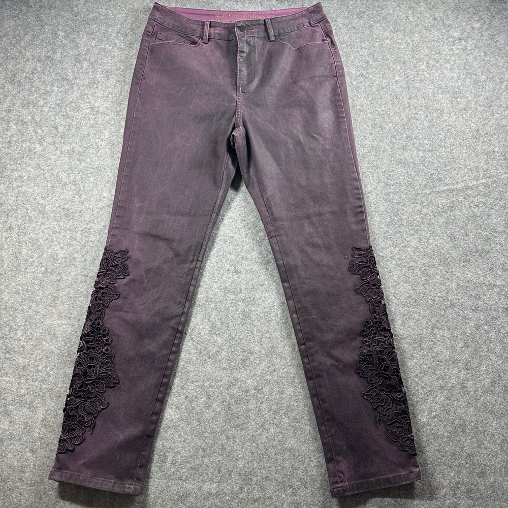 Soft Surroundings Lace Applique Pants Women 10 Purple Slim Leg Embellished Boho
